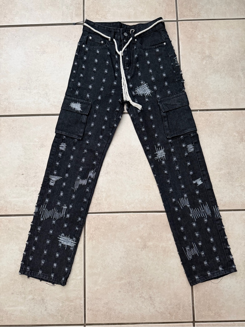 Women’s Black Distressed Cargo Jeans with Contrast Drawstring